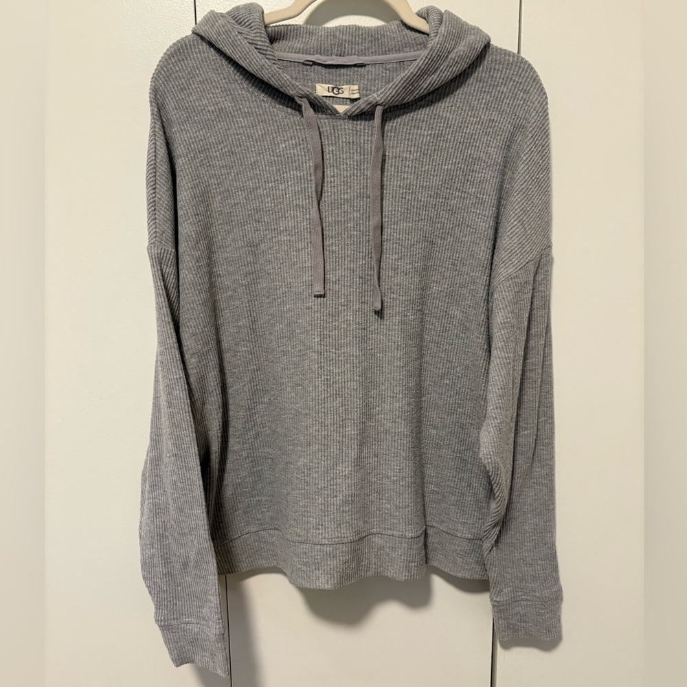 UGG Women’s Size Large Heather Grey Thermal Waffle Knit Hoodie Sweatshirt EUC